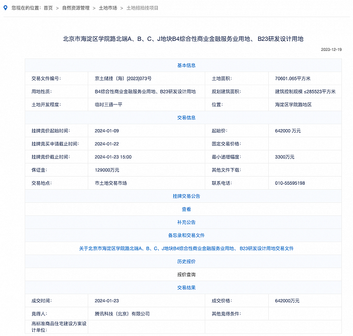 腾讯斥资64.2亿人民币在北京买地